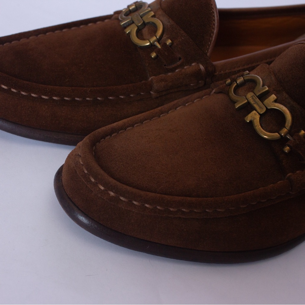 850$Ferragamo Moccasin Gancini Testa Di Moro Ornament Suede Mens SZ:9 - Picture 7 of 14